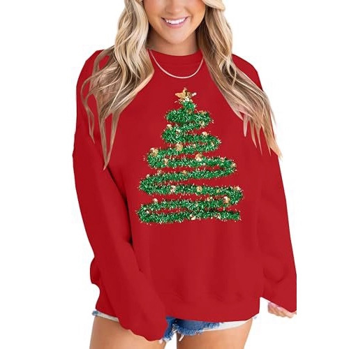 Women's Ribbon Bow Christmas Tree Print Crewneck Sweatshirt