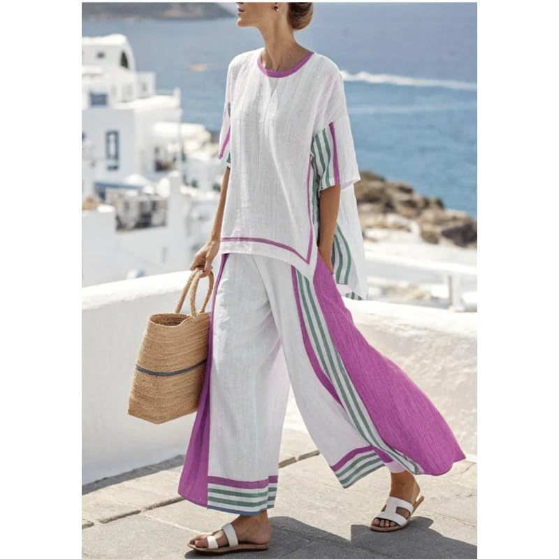 Bohemian Print Crewneck Short Sleeve Top and Pants Casual Set