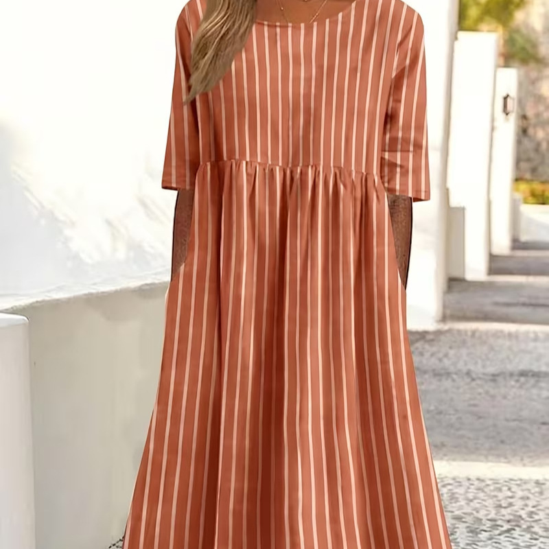 Women's Floral Print Ruched Midi Dress Round Neck Five-Sleeve Slim Fit