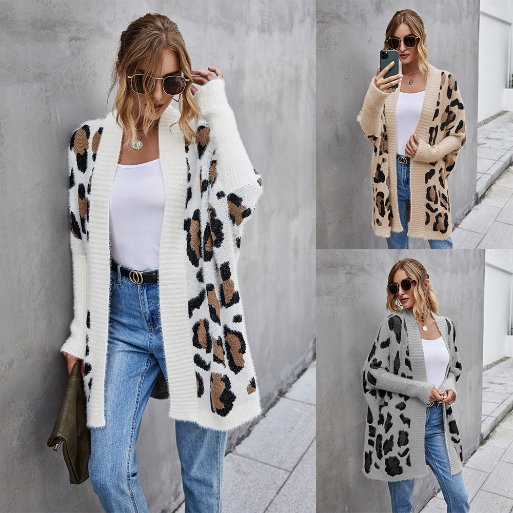 Women's Leopard Print Knit Cardigan Loose Fit Long Sleeve