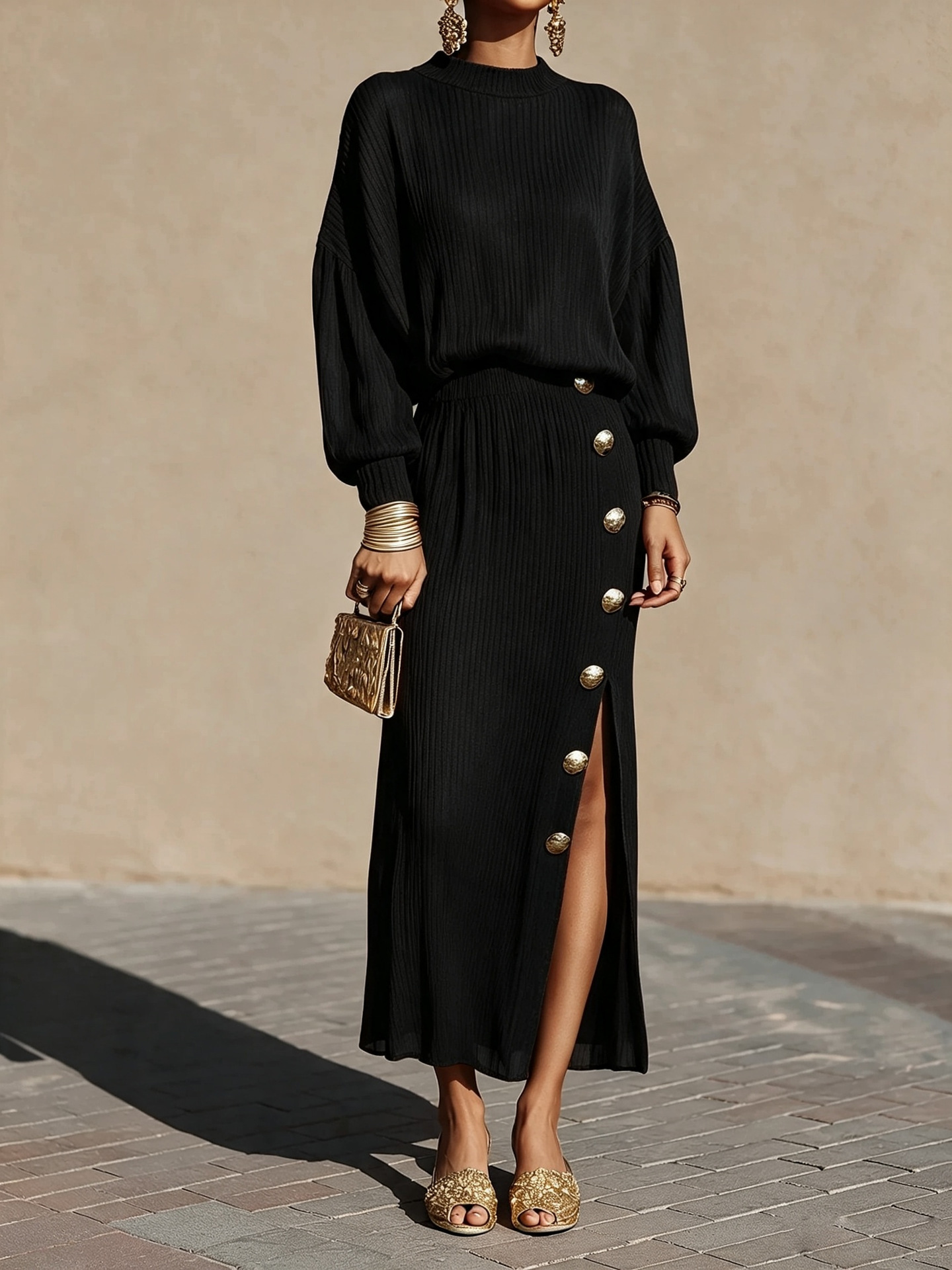 Women's Solid Pleated Knit Long-Sleeve Top and Button Slit Skirt Two-Piece Set