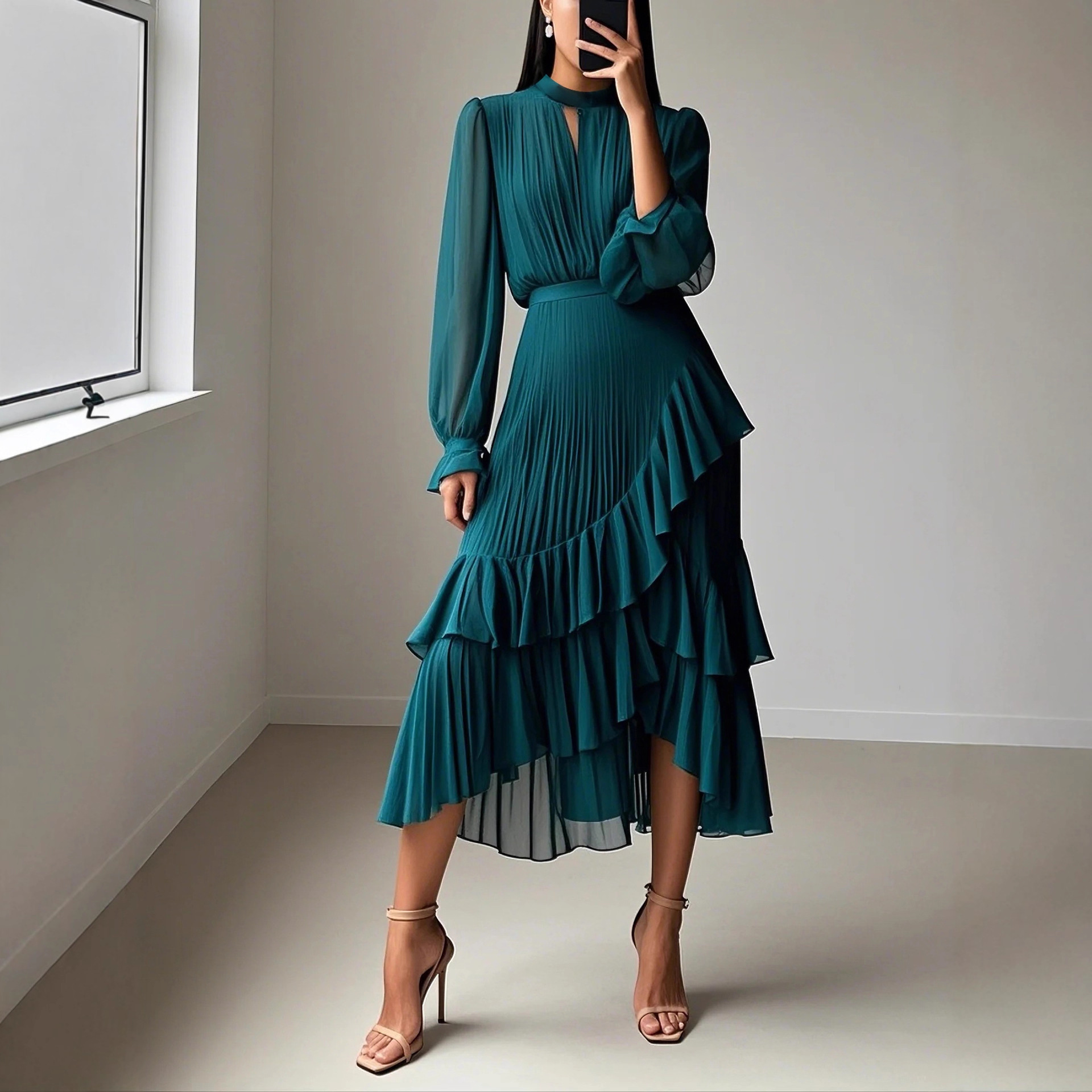 Solid Ruffle Pleated Midi Dress with Bell Sleeves