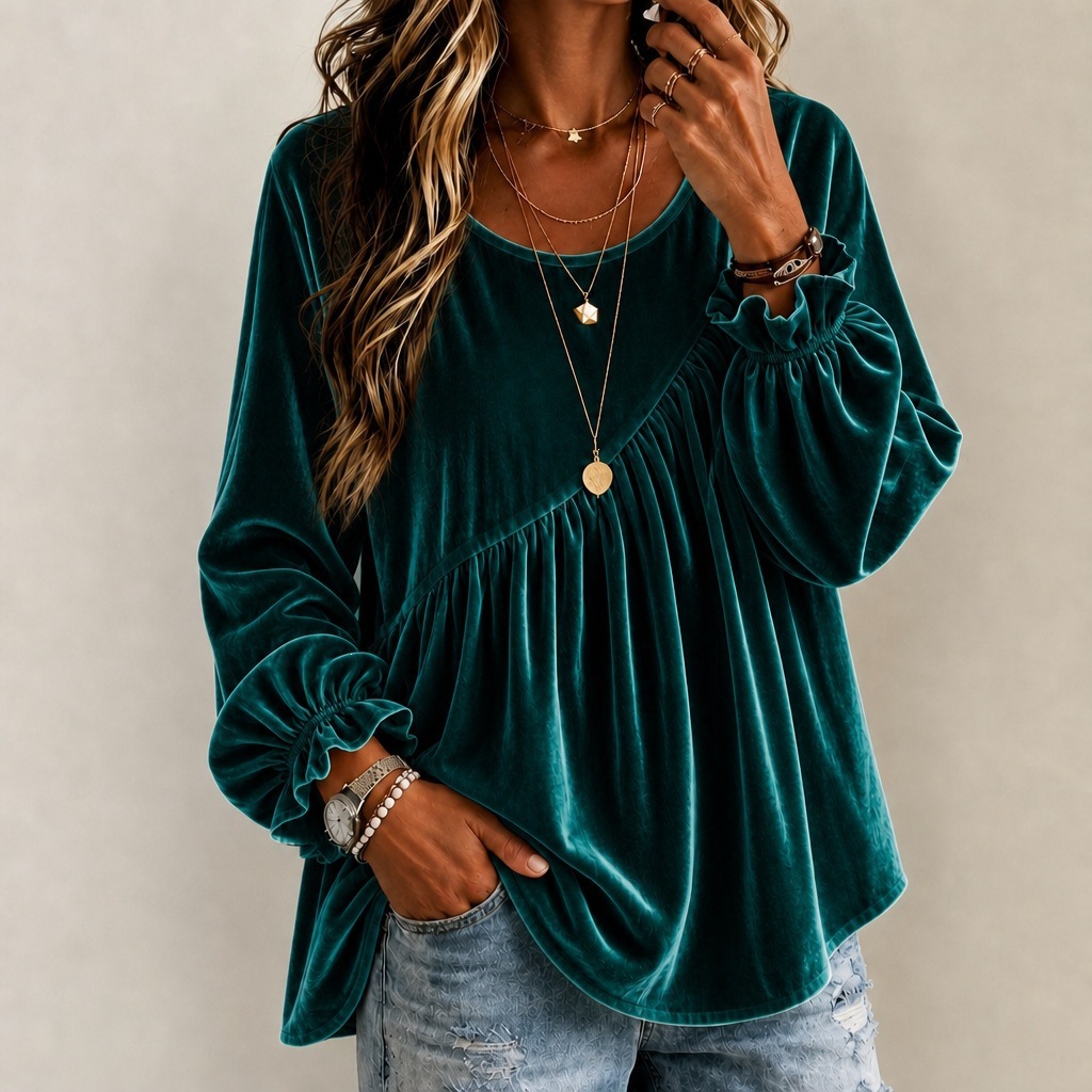 Boho Women's Sheer Blouse with Diagonal Seam Ruching and Loose Long Sleeves