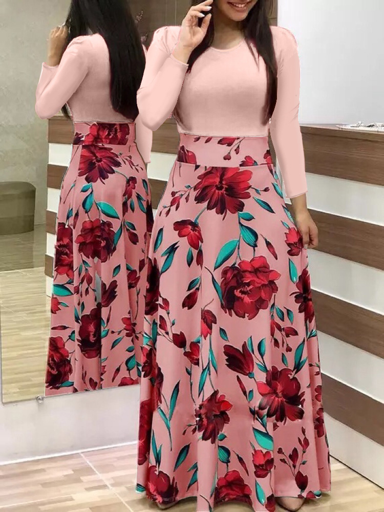 Floral Print Colorblock Long & Short Sleeve Dress