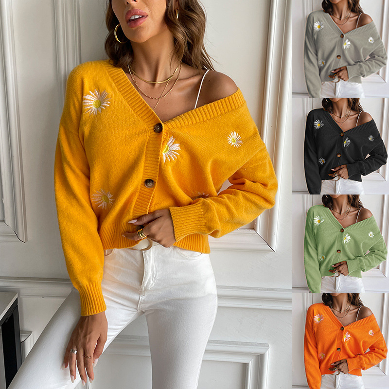 Daisy Embroidered V-Neck Cardigan Sweater