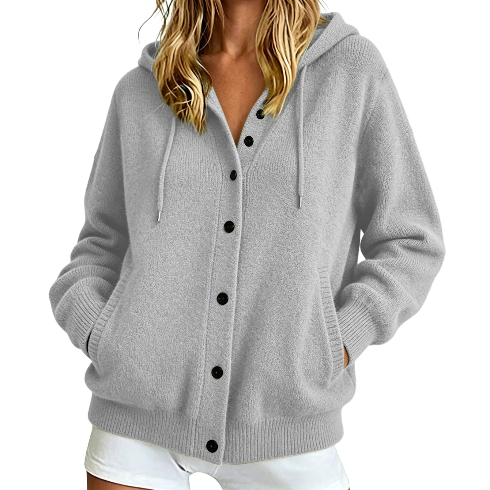 Button-Up Hooded Knit Cardigan Sweater, Solid Color Casual