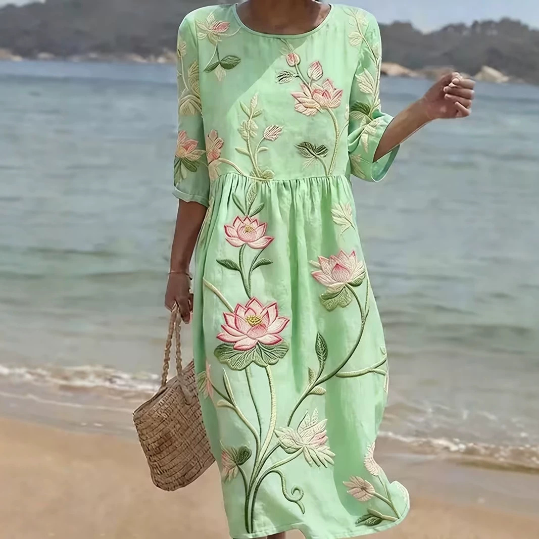 Women's Floral Pleated Midi Dress Round Neck Five-Sleeve Slim Fit