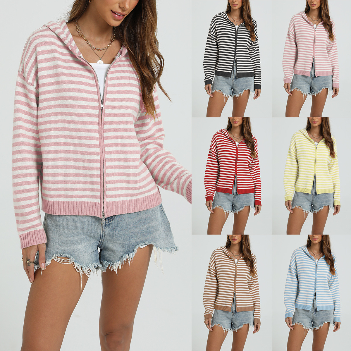Women's Casual Hooded Striped Colorblock Knit Zip Cardigan