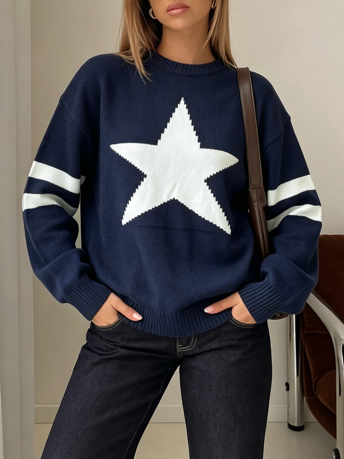 Women's Star Jacquard Colorblock Striped Crewneck Knit Sweater