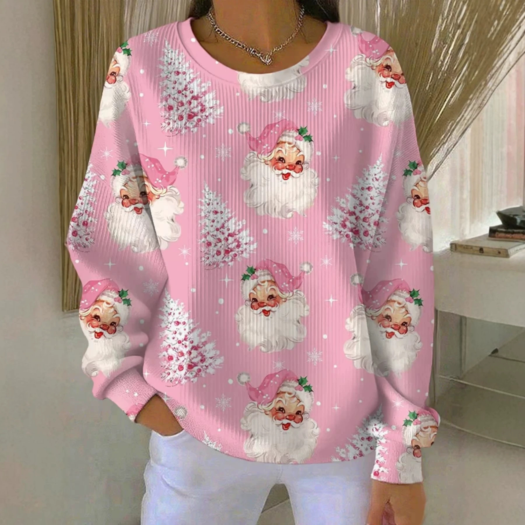 Women's Christmas Santa & Tree Print Crewneck Sweatshirt