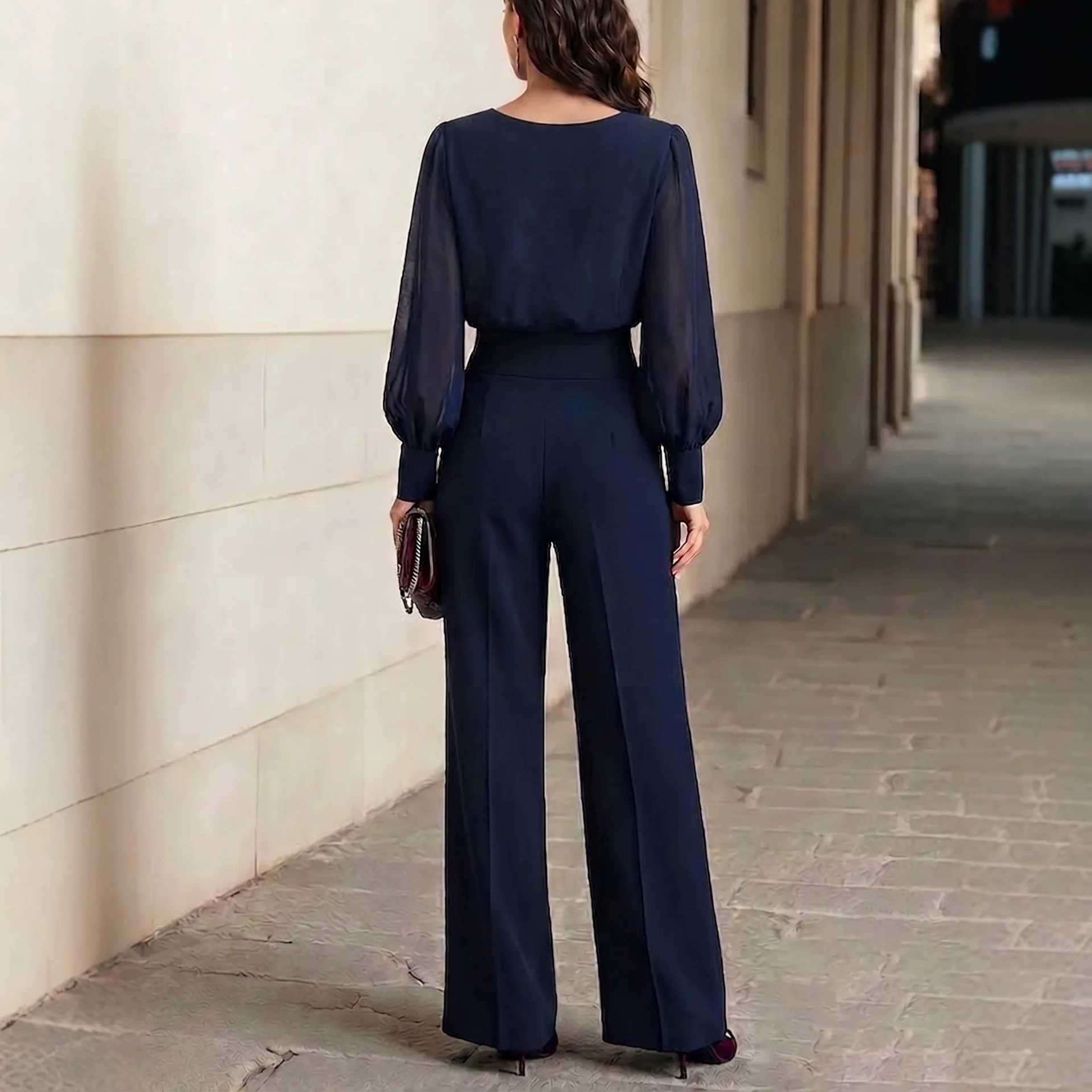 Navy Ruffled V-Neck Bubble-Sleeve Chiffon Top & High-Waist Wide-Leg Pants Set
