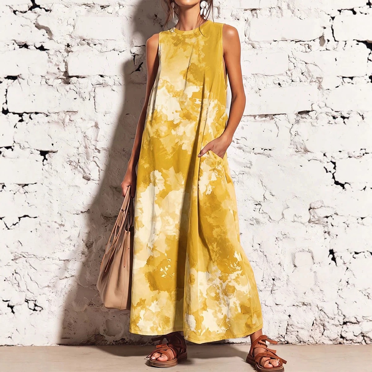 Women's Summer Round Neck Dress Solid Color Pocket Casual Straight Midi