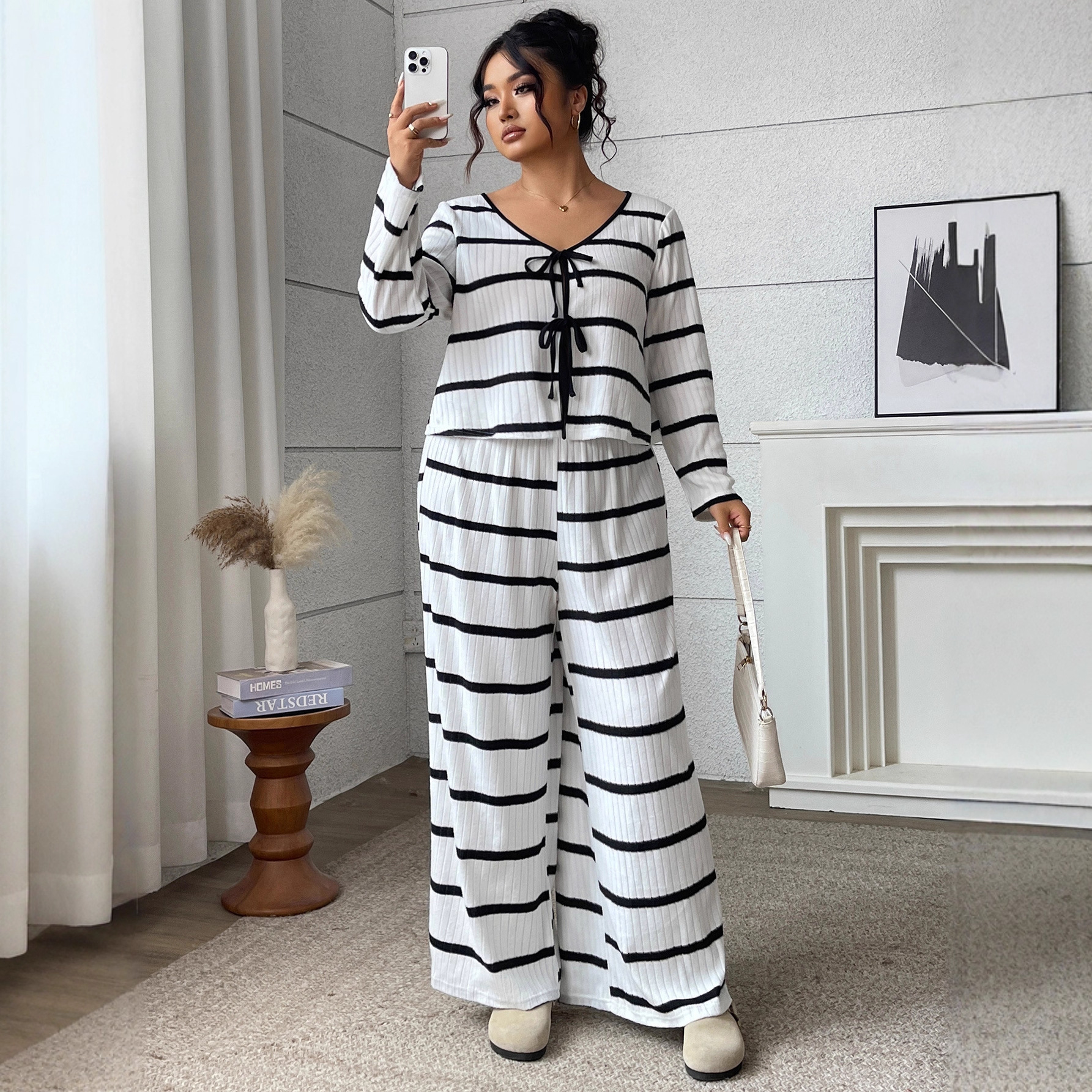 Striped Tie-Front Long-Sleeve Top and Wide-Leg Pants Set