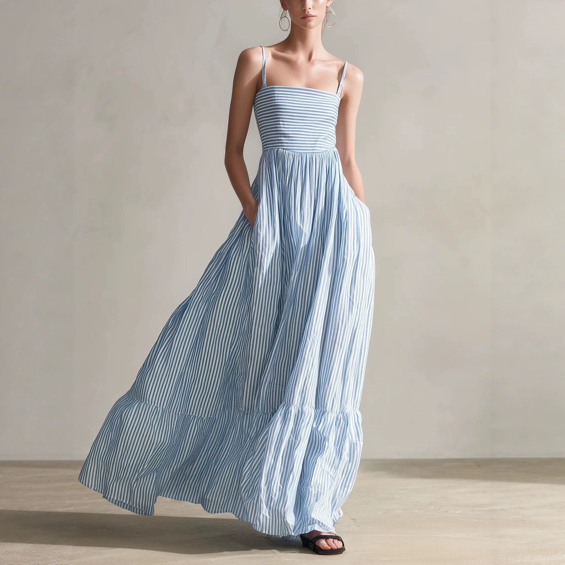 Women's Striped Sleeveless Square Neck Maxi Dress