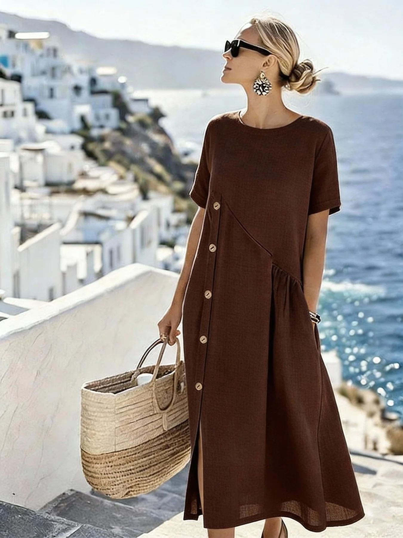 Women's Side Button Ruched Waist Midi Dress Casual Vacation