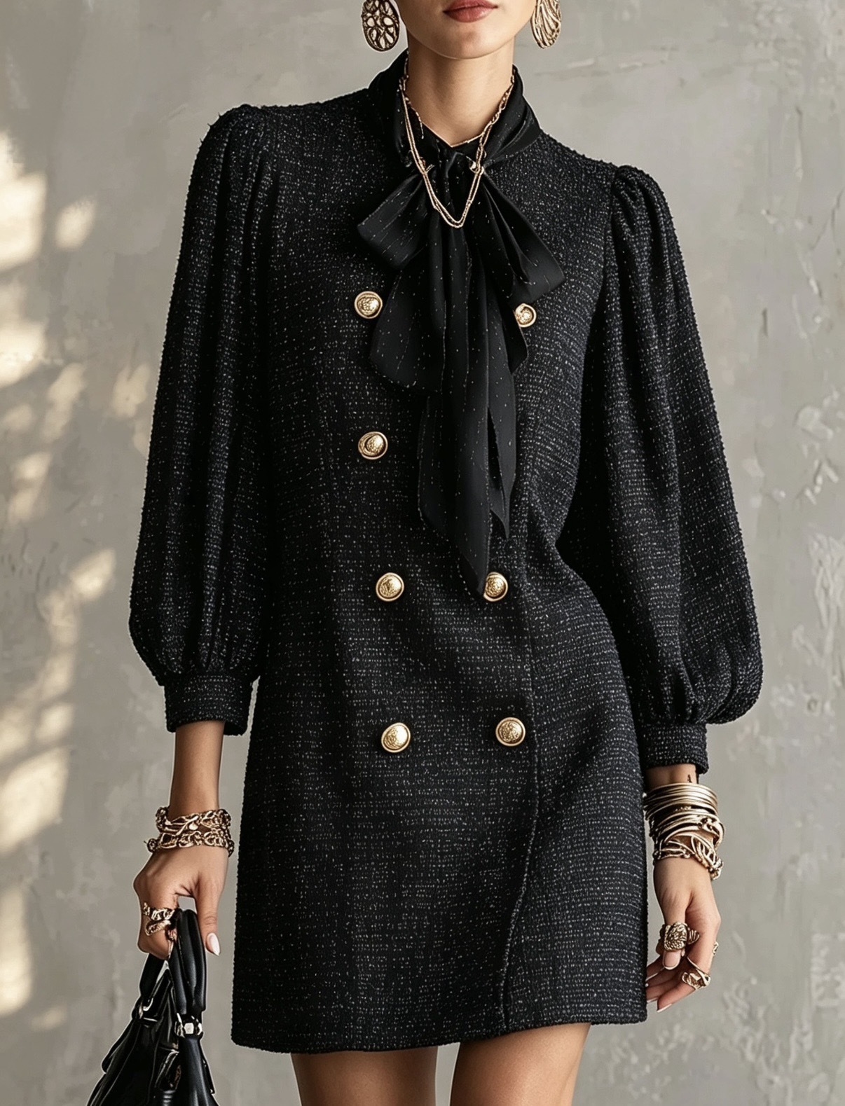 Double-Breasted Bow-Collar Mini Dress