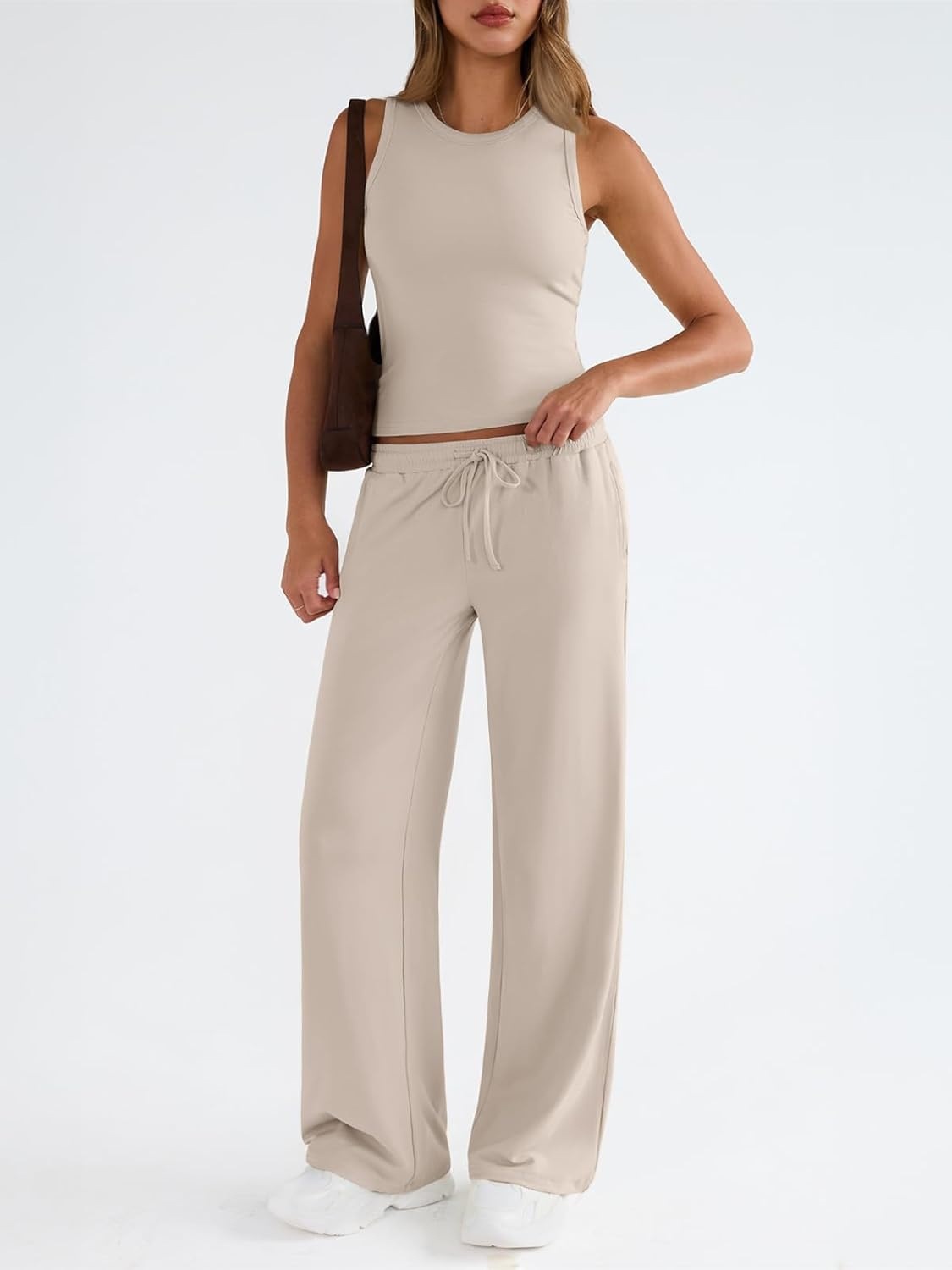 Solid Sleeveless Tank Top and High-Waist Wide-Leg Pants Set