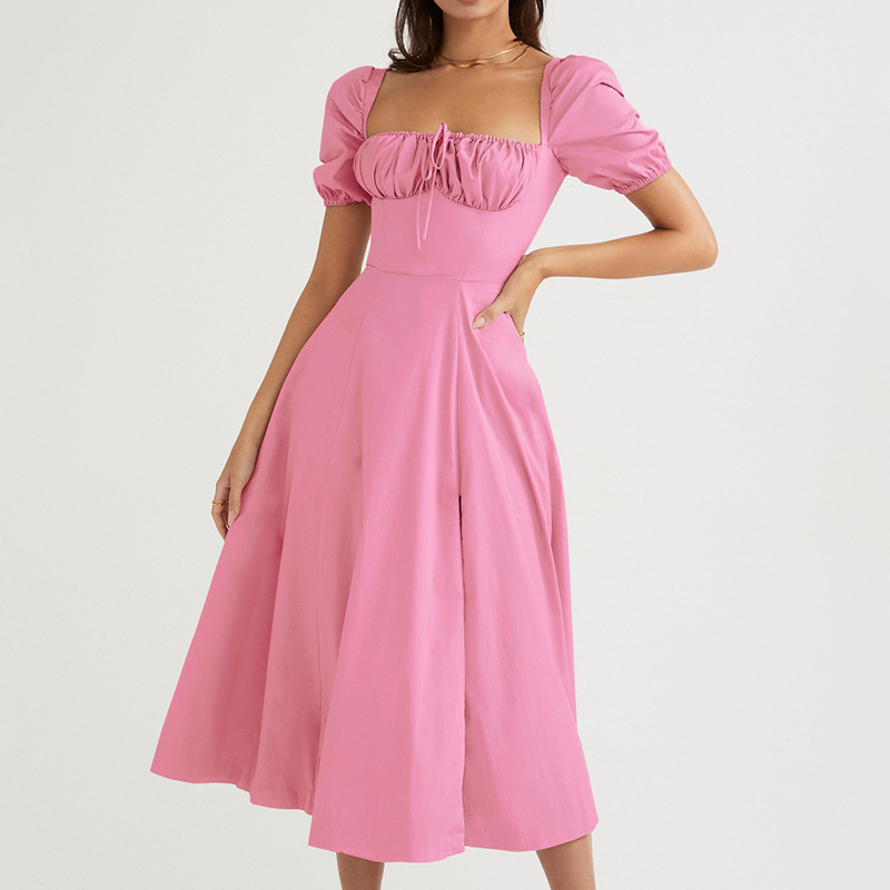 Elegant Solid Color Puff Sleeve Slit Dress for Commuting