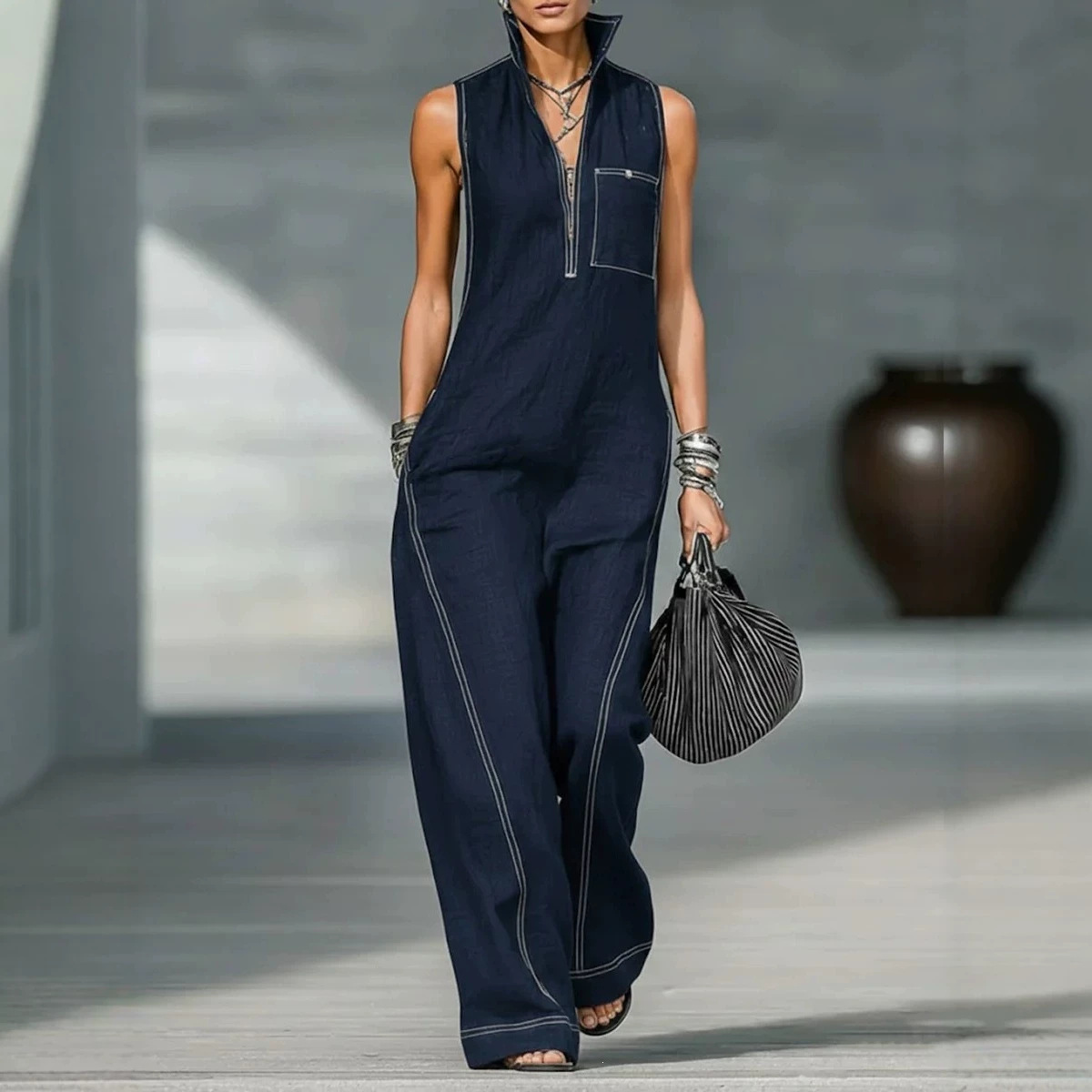 Women's Sleeveless Zip Jumpsuit Solid Color Wide Leg