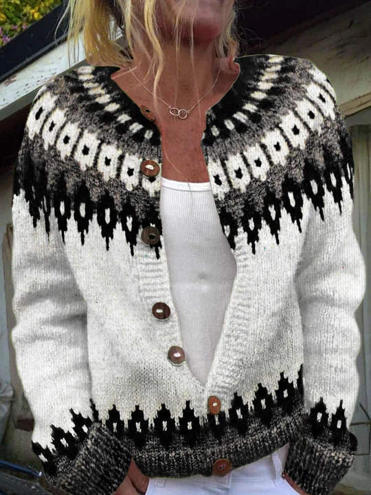 Women's Tribal Feather Print Button Cardigan Sweater