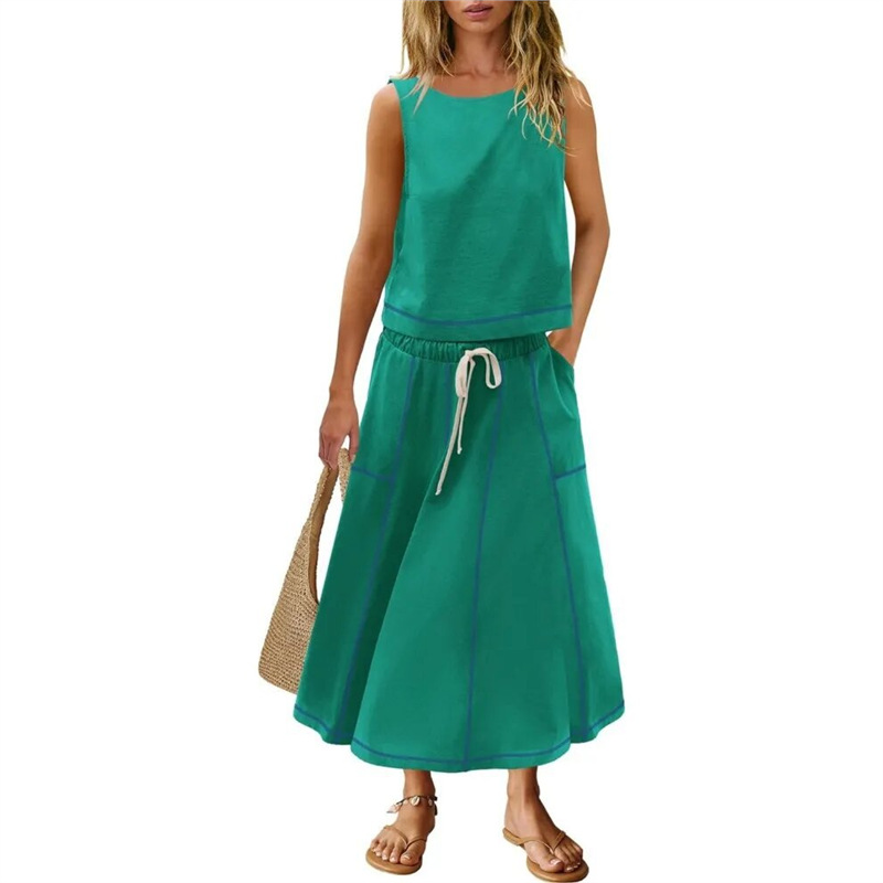 Women's Sleeveless Tank Top and Midi Skirt Two-Piece Set Colorblock