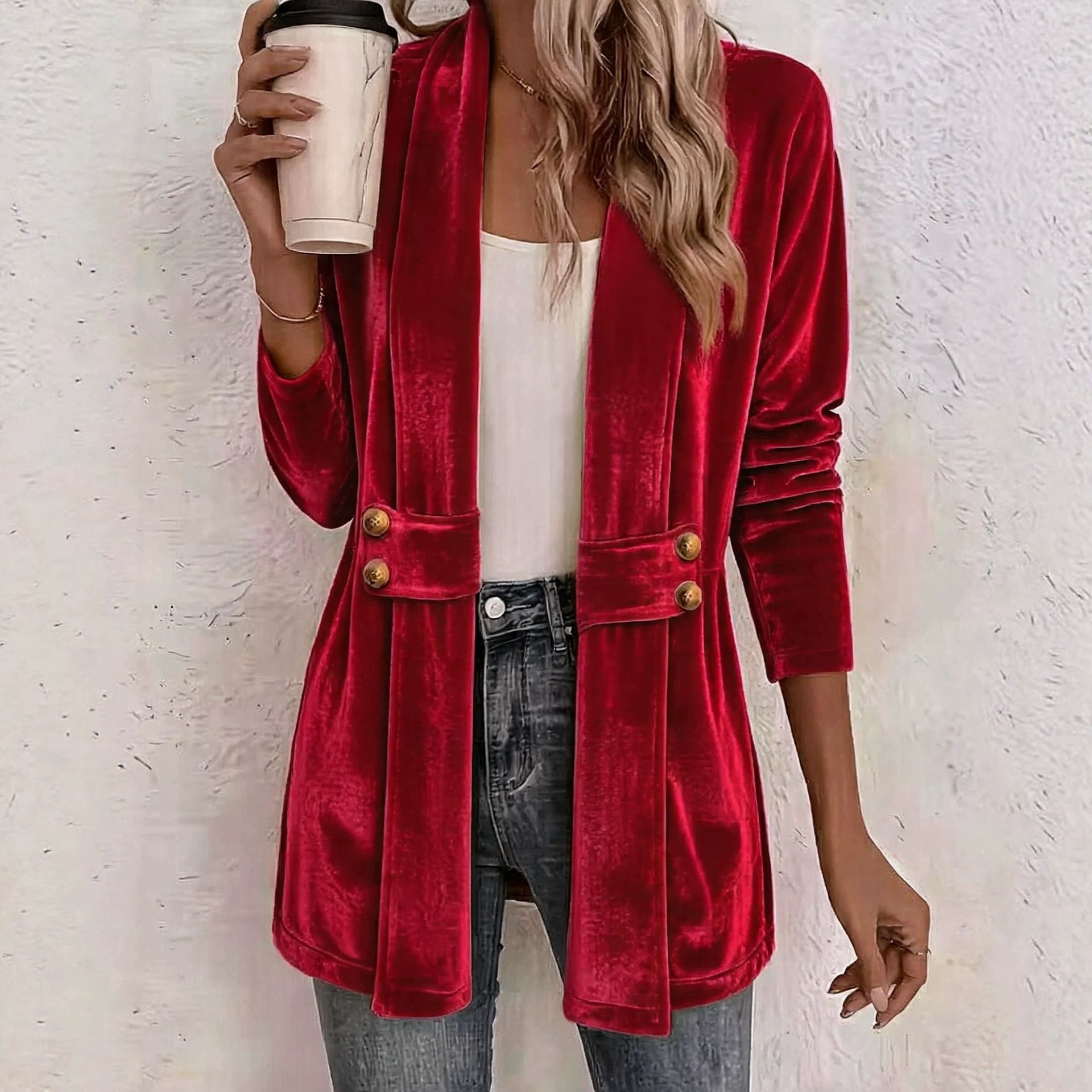 Women's Double-Breasted Gold Velvet Cardigan Lazy Style Mid-Length Top