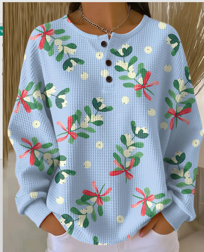 Women's Plaid Tree Floral Polka Dot Print Button Sweatshirt