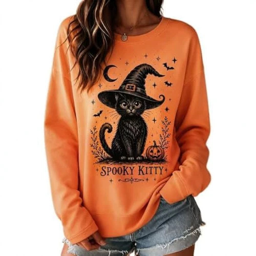 Women's Halloween Witch Hat Cat Print Sweatshirt