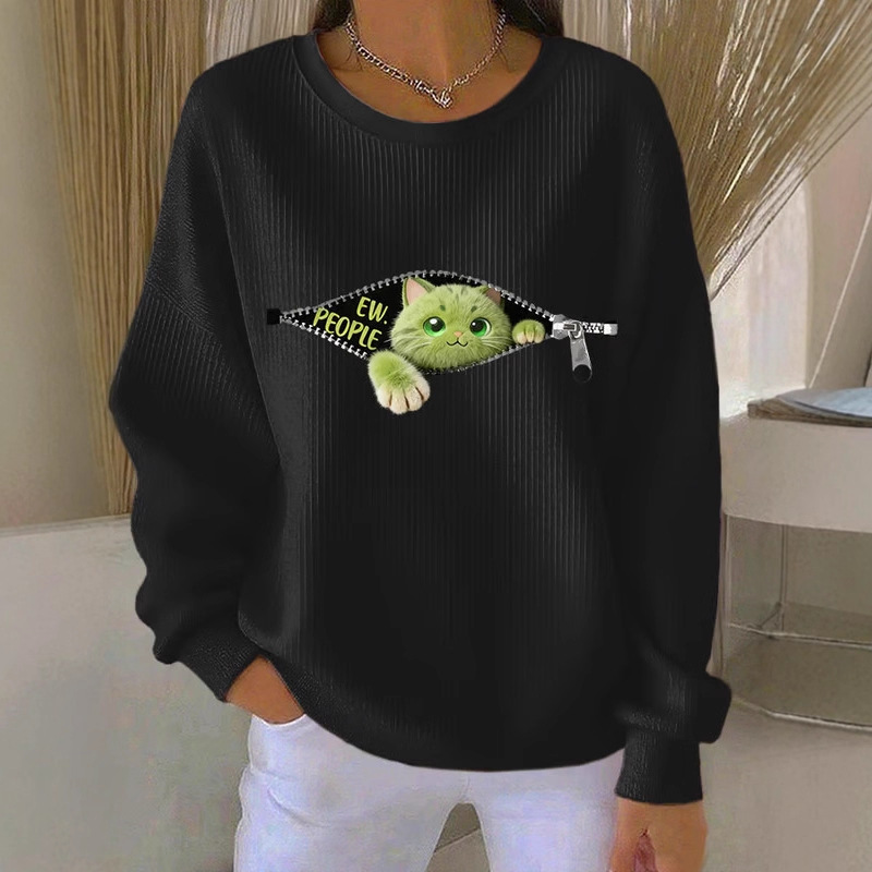 Women's Cartoon Cat Print Zip-Up Crewneck Sweatshirt