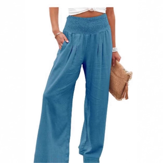 Cotton-Linen Wide-Leg Pants with Elastic High Waist