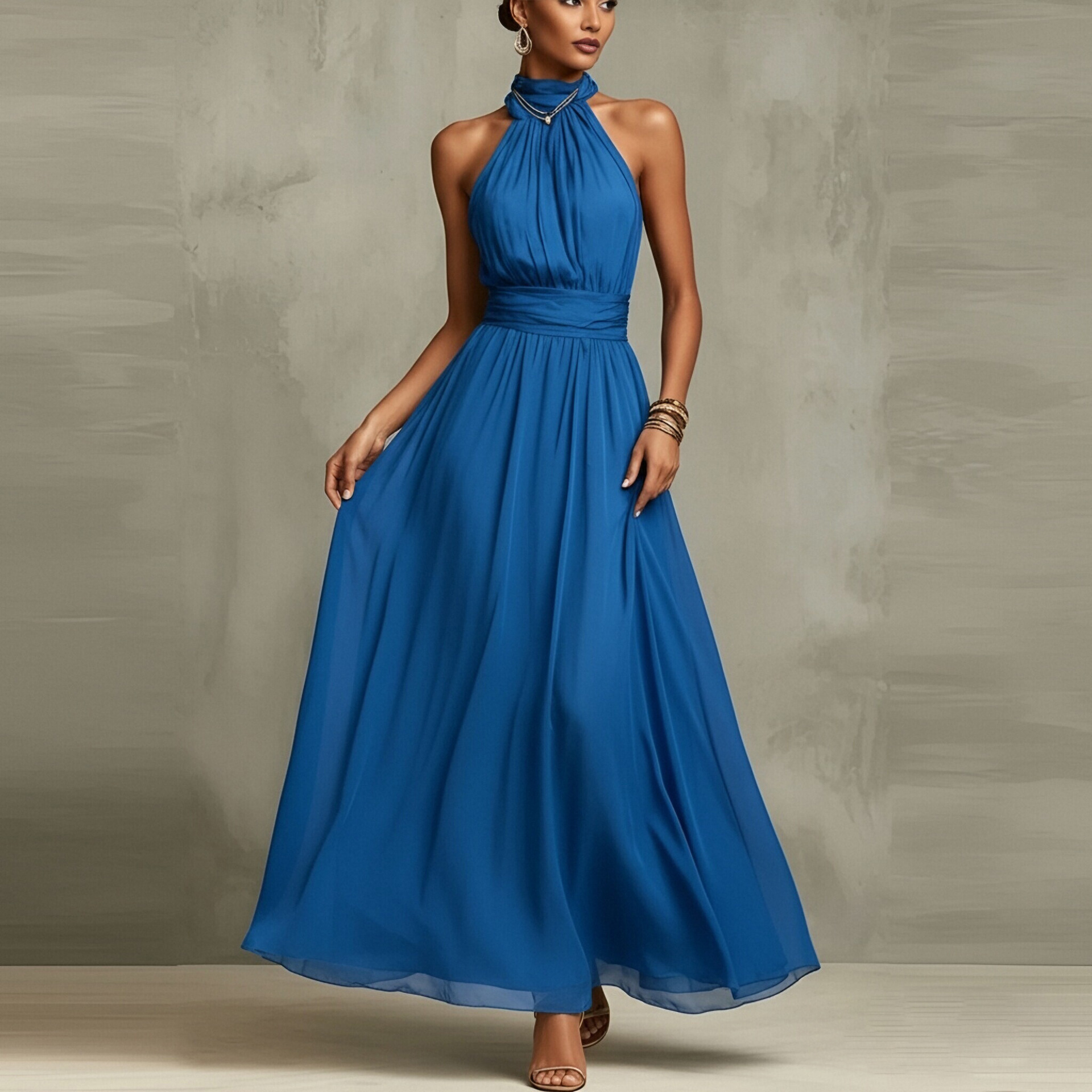 Elegant Floral Print Halter Sleeveless Bodycon Midi Dress