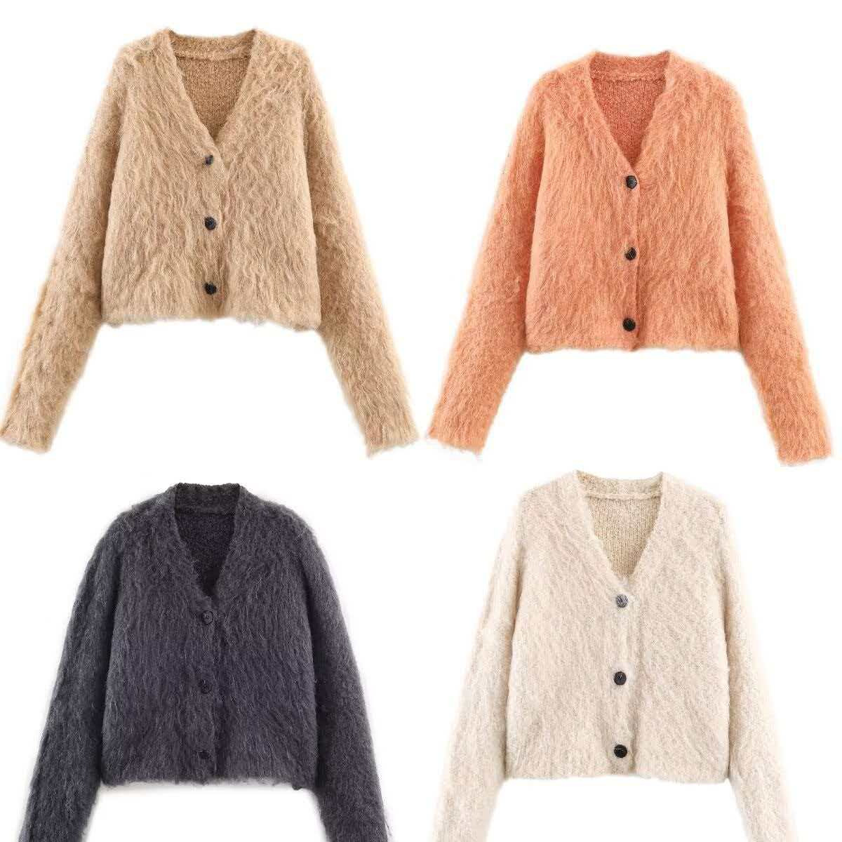Fuzzy V-Neck Knit Cardigan Sweater