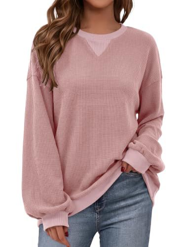 Waffle Knit Long Sleeve Crewneck Pullover Top for Women