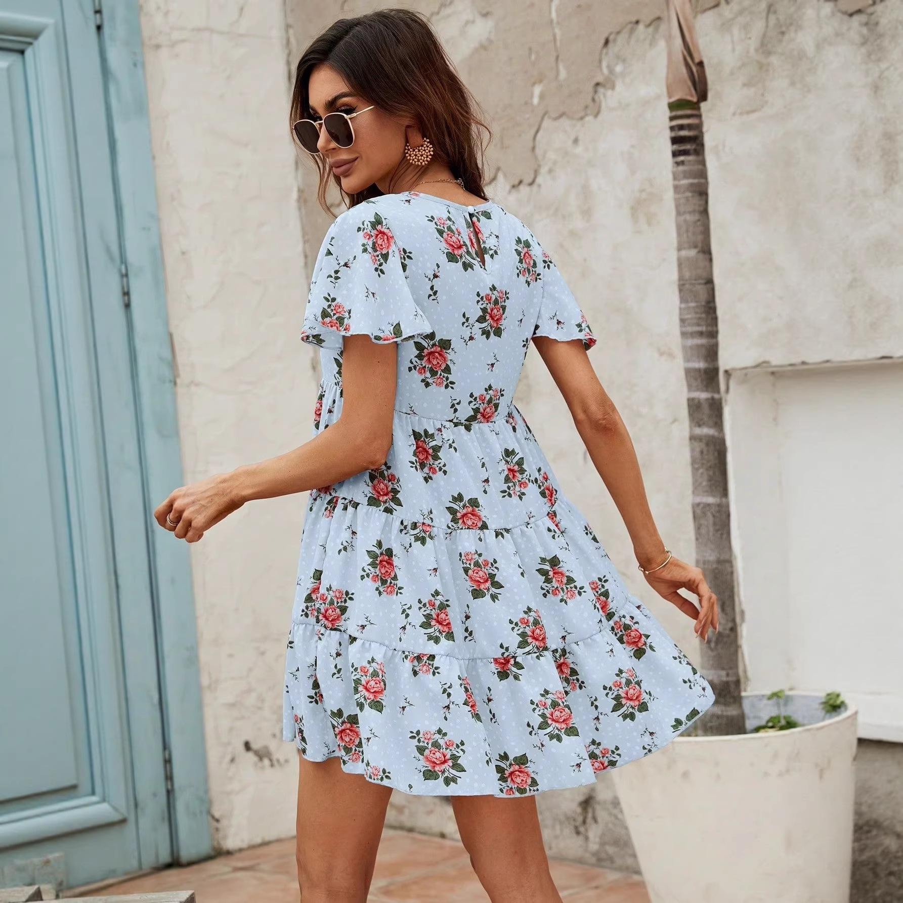 French Vintage Rose Floral Polka Dot Ruffle Sleeve A-Line Dress
