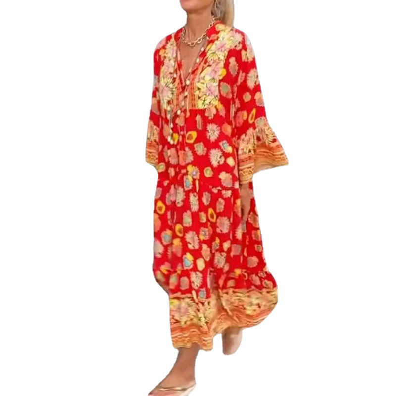 Women's Floral Print V-Neck Long Sleeve Maxi Dress with High Waist and Flared Skirt