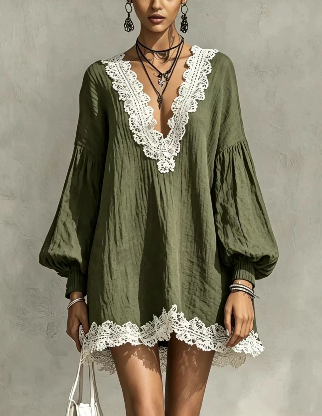 Color-Block V-Neck Lace-Trim Lantern-Sleeve Loose Dress