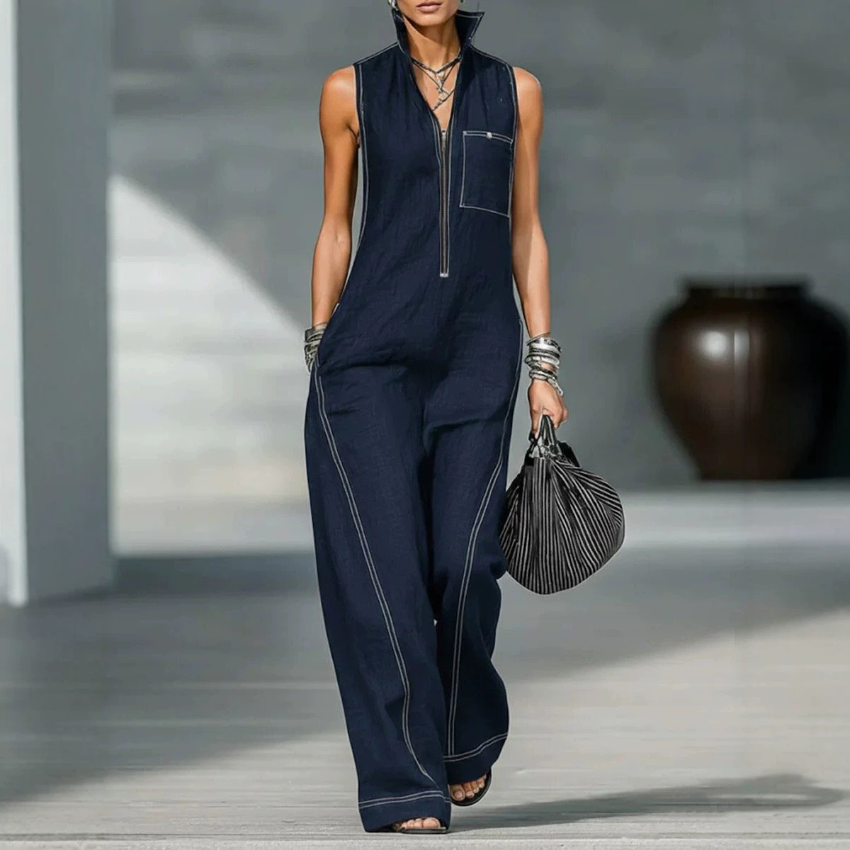 Women's Sleeveless Stand Collar Wide-Leg Jumpsuit