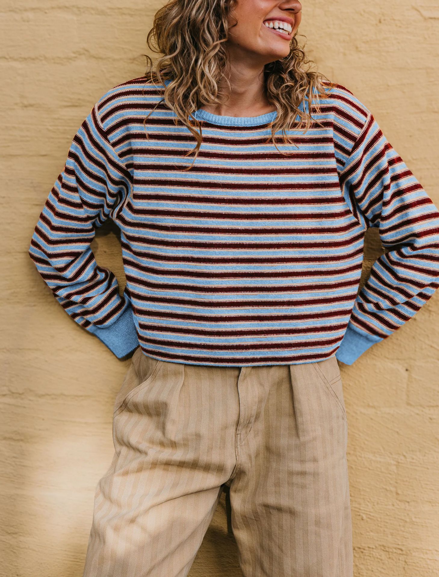 Women's Striped Crewneck Knit Sweater Colorblock Loose Fit
