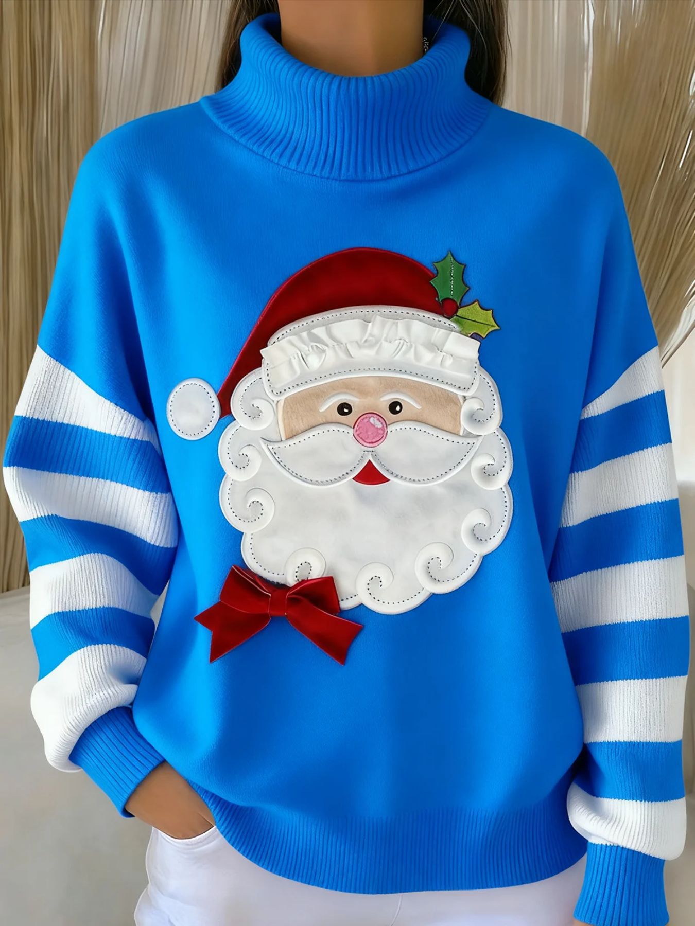 Women's Christmas Santa Striped Print Turtleneck Sweater