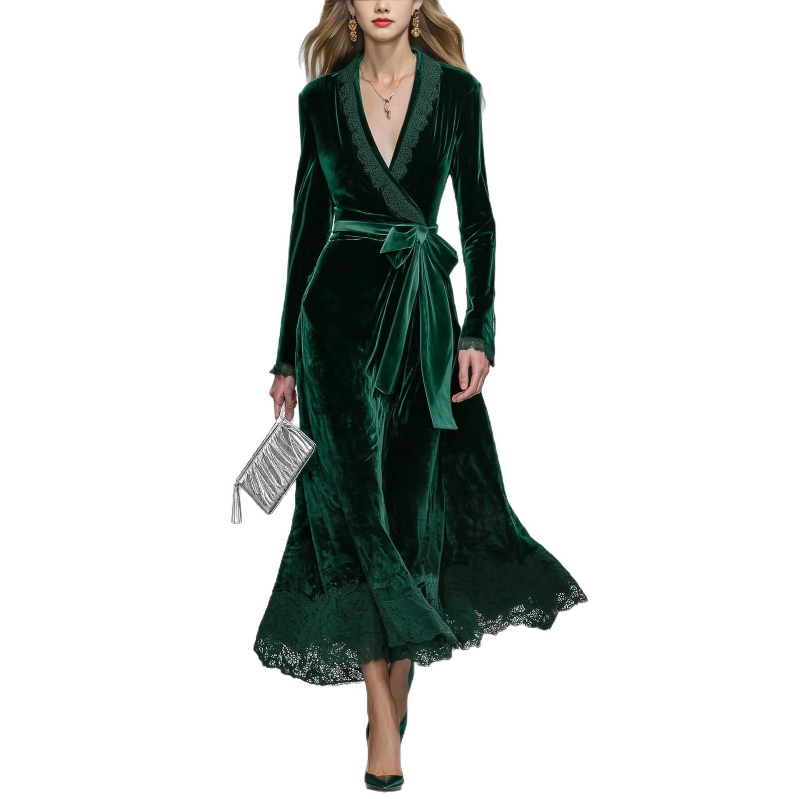 Retro Lace Spliced Lace-Up Waist-Slimming Long Dress