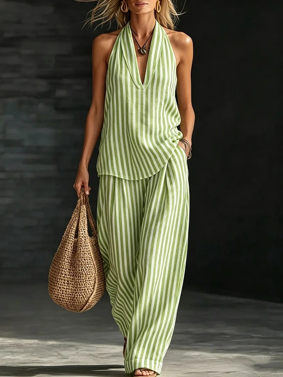 Women's Striped Halter V-Neck Sleeveless Two-Piece Pants Set