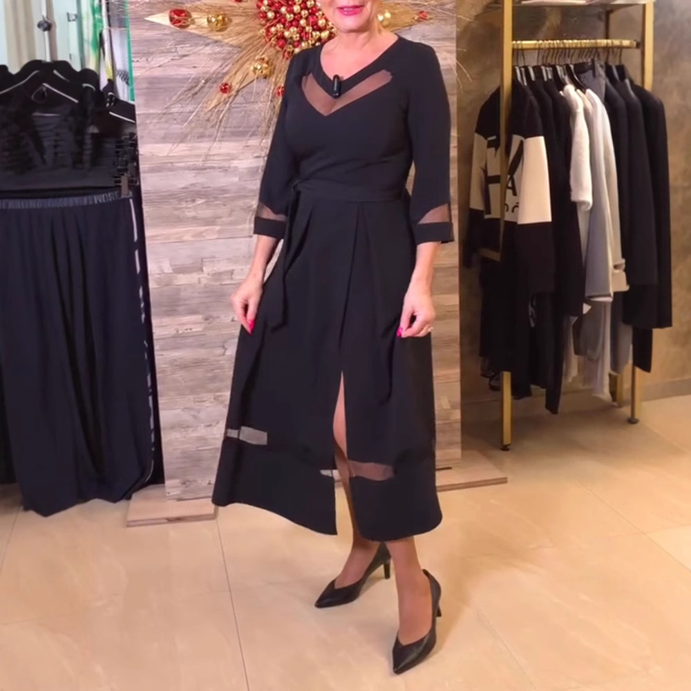 Women's Long Sleeve V-Neck Mesh Panel Waist-Cinched Solid Dress