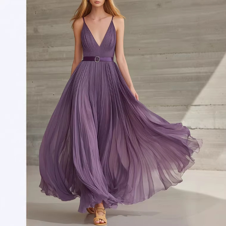 Purple Chiffon Pleated V-Neck Long Dress with Belt