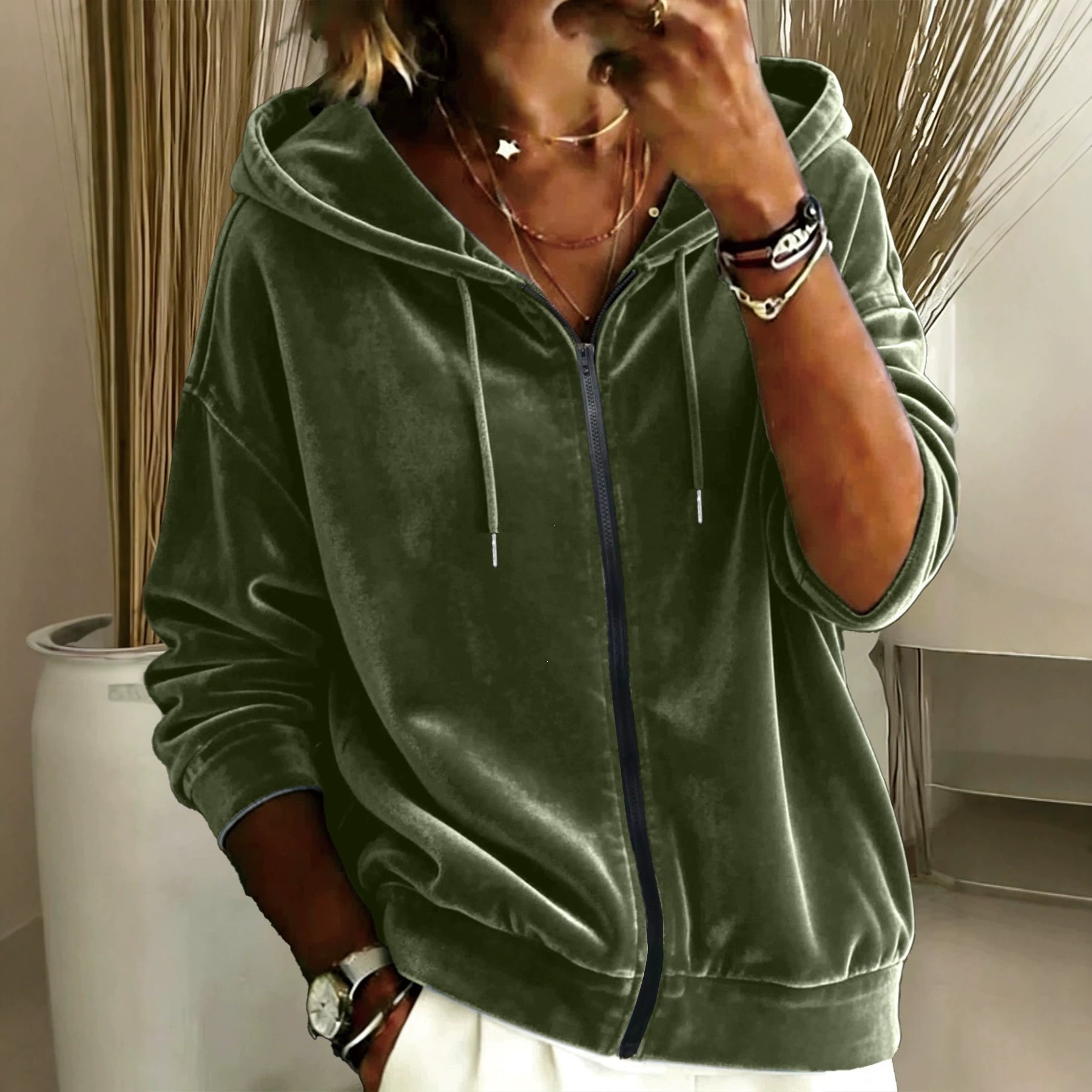 Women's Solid Color Drawstring Hooded Zip-Up Long Sleeve Sweatshirt