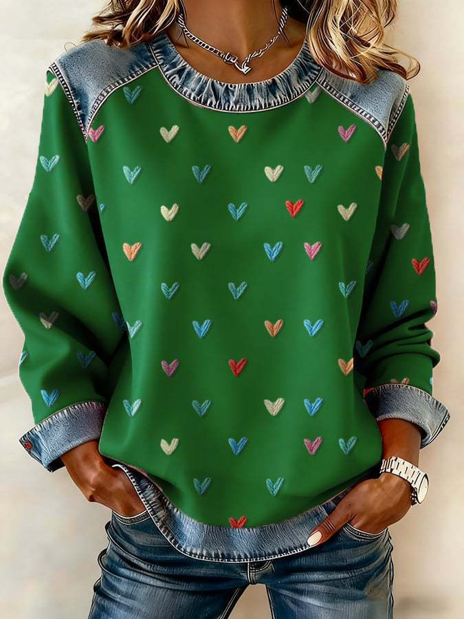 Women's Heart Polka Dot Letter Print Crewneck Sweatshirt
