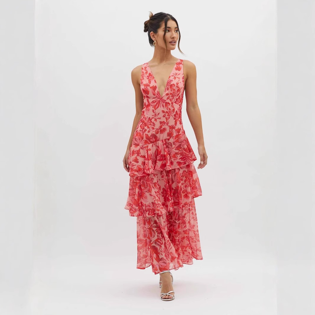 Women's Halter Neck Chiffon Dress Slim Fit Ruffle Hem