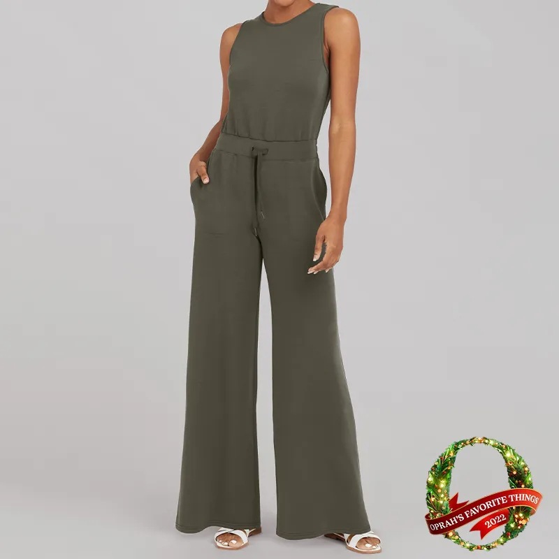 Women's Sleeveless Solid Color Straight-Leg Jumpsuit with Pockets