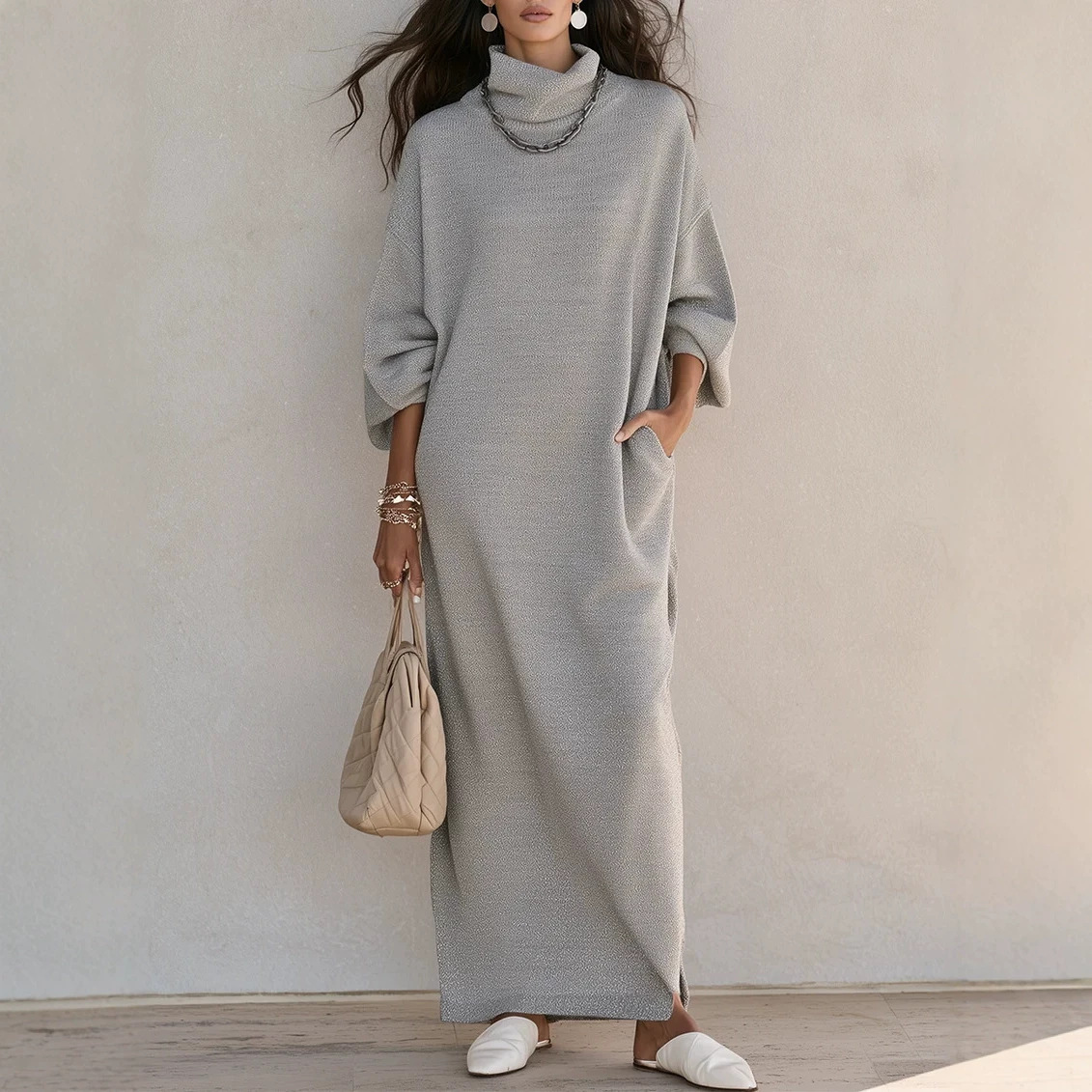 Solid Color Long Sleeve Split Hem A-Line Dress