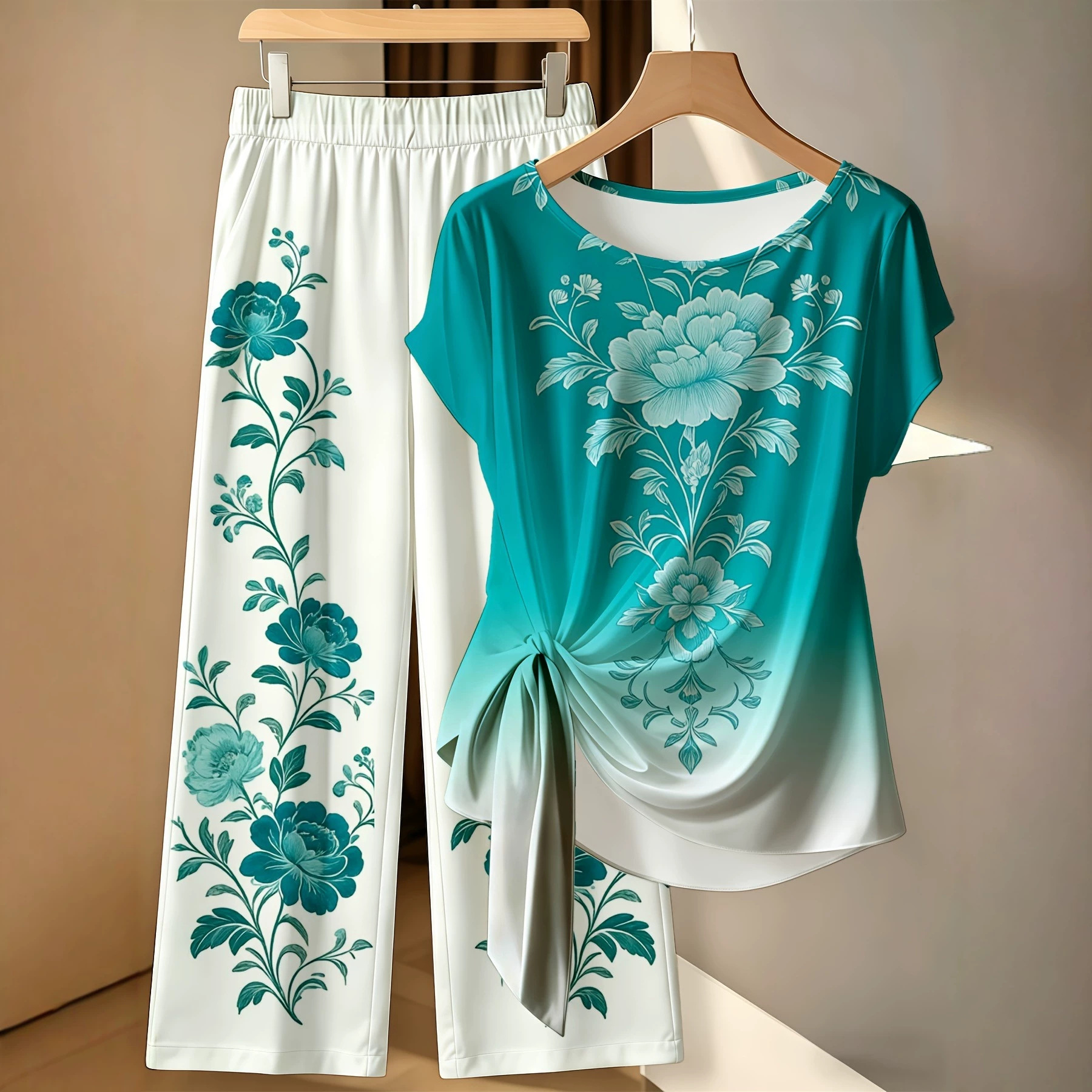Floral Print Short Sleeve Top and Pants Set