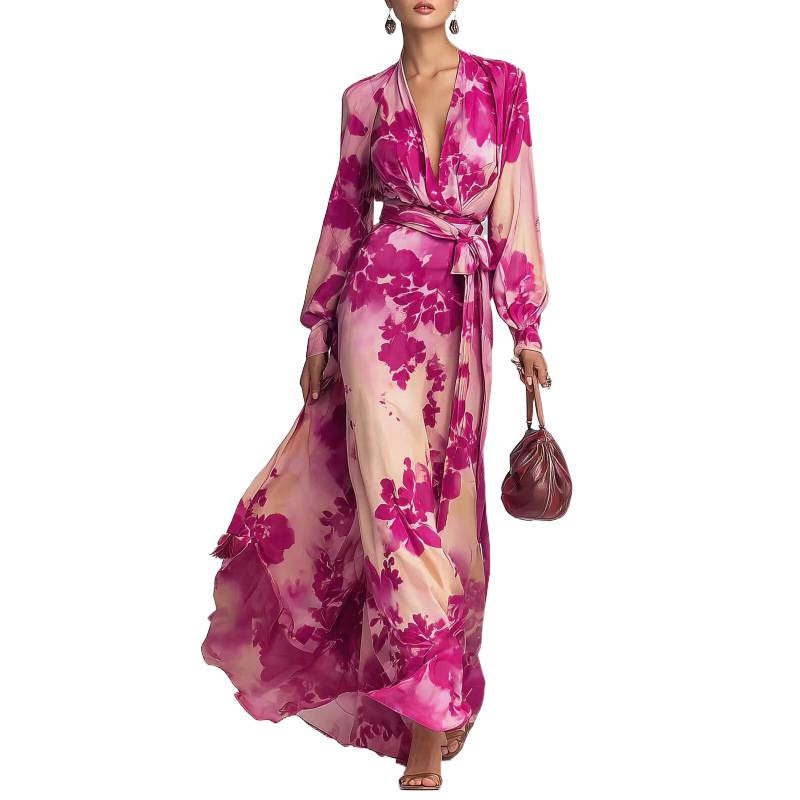 Elegant Floral Print Long Sleeve V-Neck Tie Dress